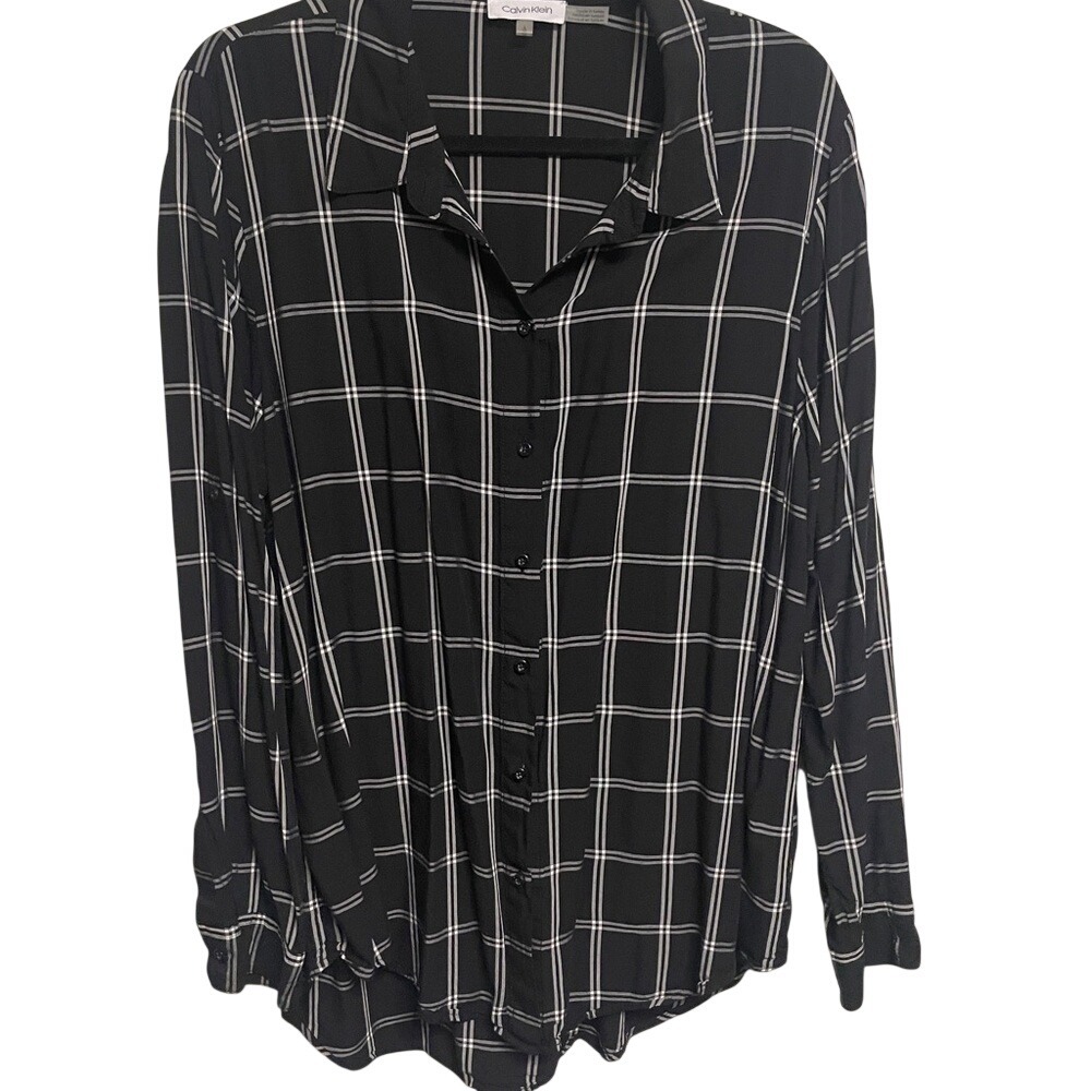 Calvin Klein‎ Womens Black White Windowpane Plaid Button Down Shirt Large